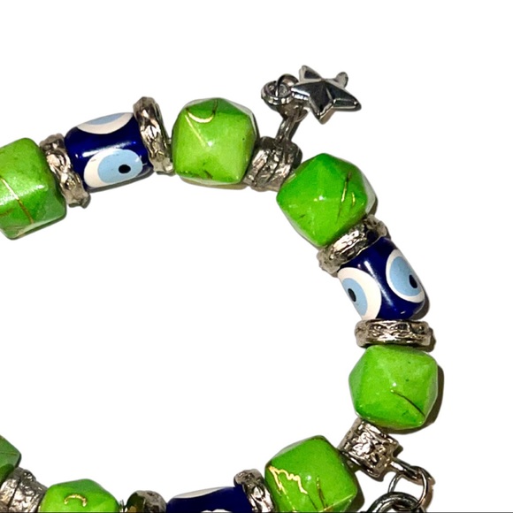 VTG Jasper, Silver Sea Glass Evil Eye Beaded Bracelet - Picture 12 of 13